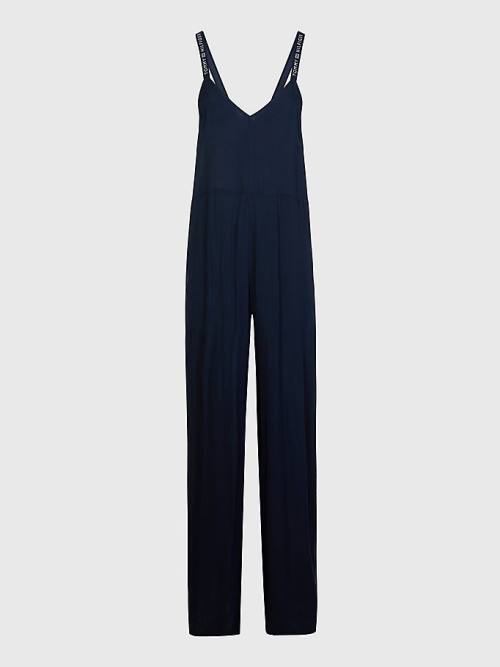 Blue Tommy Hilfiger Logo Crossover Strap V-Neck Jumpsuit Women's Swimwear | TH876RAE