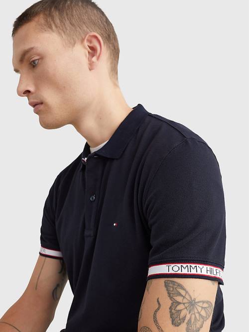 Blue Tommy Hilfiger Logo Cuff Regular Fit Men's Polo Shirts | TH486OIG