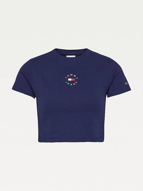 Blue Tommy Hilfiger Logo Embroidery Cropped Women's T Shirts | TH517TEP