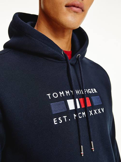 Blue Tommy Hilfiger Logo Embroidery Fleece Men's Hoodie | TH427CIO