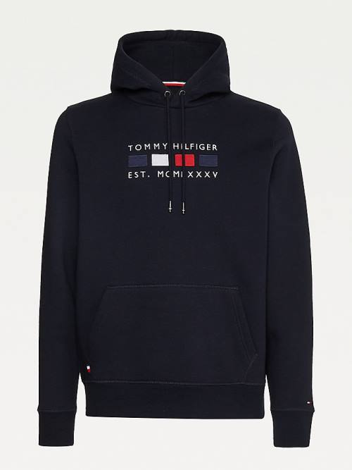 Blue Tommy Hilfiger Logo Embroidery Fleece Men's Hoodie | TH427CIO