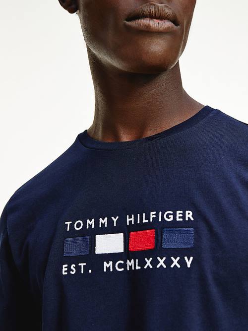 Blue Tommy Hilfiger Logo Embroidery Long Sleeve Men's T Shirts | TH186QRN