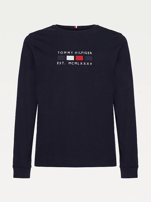 Blue Tommy Hilfiger Logo Embroidery Long Sleeve Men's T Shirts | TH186QRN