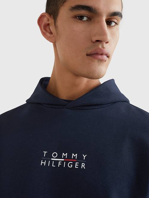 Blue Tommy Hilfiger Logo Embroidery Men's Hoodie | TH406TQY