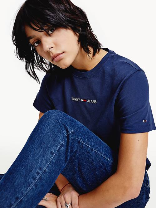 Blue Tommy Hilfiger Logo Embroidery Organic Cotton Women's T Shirts | TH395MFQ