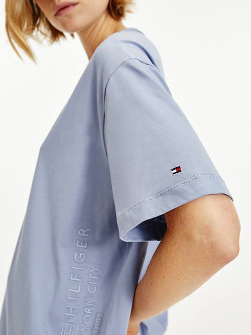 Blue Tommy Hilfiger Logo Embroidery Relaxed Fit Women's T Shirts | TH139LOW