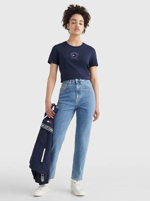 Blue Tommy Hilfiger Logo Embroidery Slim Fit Women's T Shirts | TH415QNE