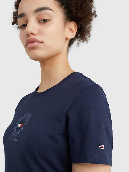 Blue Tommy Hilfiger Logo Embroidery Slim Fit Women's T Shirts | TH415QNE