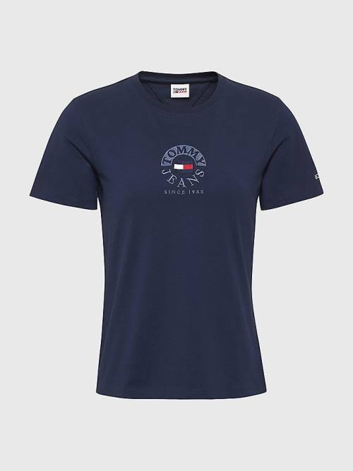 Blue Tommy Hilfiger Logo Embroidery Slim Fit Women's T Shirts | TH415QNE