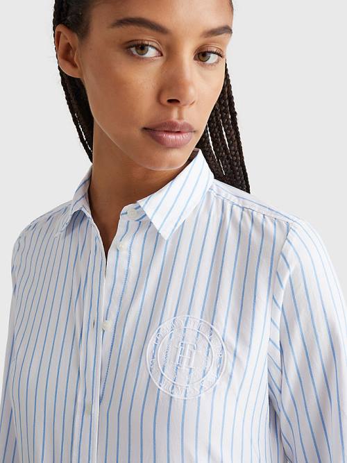 Blue Tommy Hilfiger Logo Embroidery Stripe Regular Fit Women's Shirts | TH813JPC