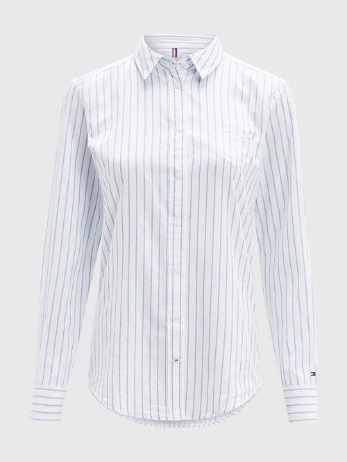 Blue Tommy Hilfiger Logo Embroidery Stripe Regular Fit Women's Shirts | TH813JPC