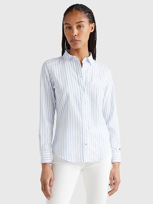 Blue Tommy Hilfiger Logo Embroidery Stripe Regular Fit Women\'s Shirts | TH813JPC