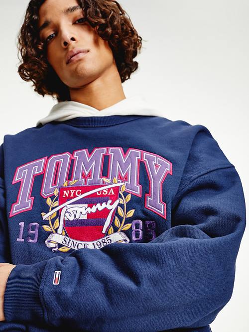 Blue Tommy Hilfiger Logo Fleece Men's Sweatshirts | TH360FOH