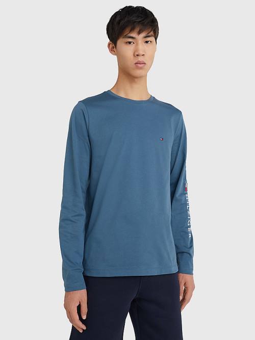 Blue Tommy Hilfiger Logo Long Sleeve Men\'s T Shirts | TH245OIX