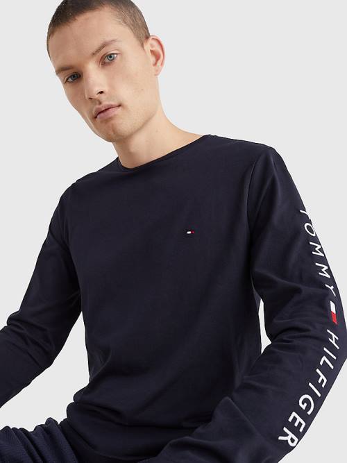 Blue Tommy Hilfiger Logo Long Sleeve Men's T Shirts | TH964UGX