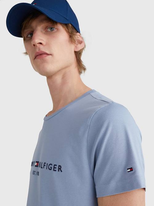 Blue Tommy Hilfiger Logo Men's T Shirts | TH273ZVU