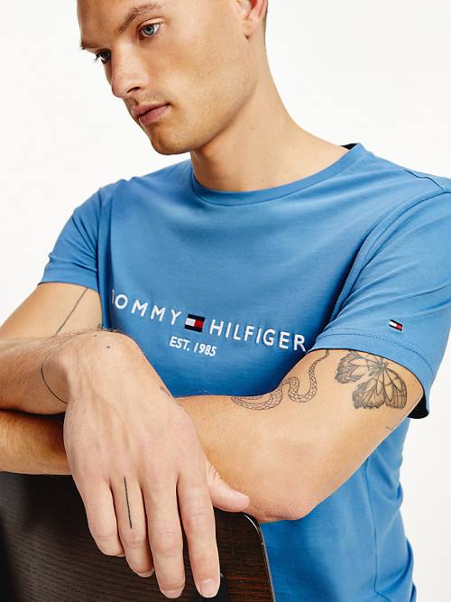 Blue Tommy Hilfiger Logo Men's T Shirts | TH752UAQ