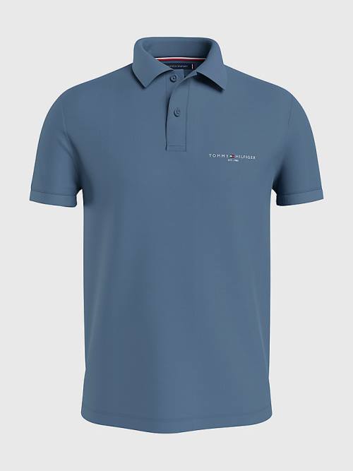 Blue Tommy Hilfiger Logo Slim Fit Men's Polo Shirts | TH098SPJ