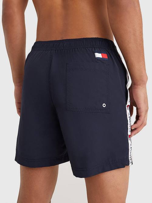 Blue Tommy Hilfiger Logo Tape Slim Fit Mid Length Shorts Men's Swimwear | TH238MQR