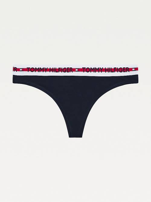 Blue Tommy Hilfiger Logo Tape Stretch Thong Women's Underwear | TH823PXZ