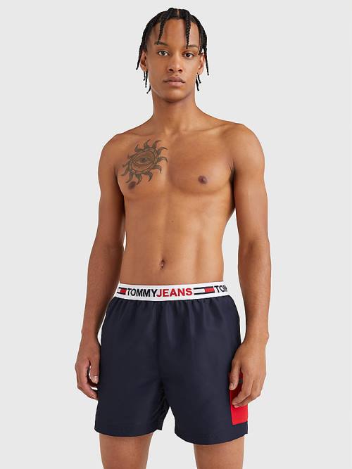 Blue Tommy Hilfiger Logo Waistband Mid Length Shorts Men's Swimwear | TH298ATM