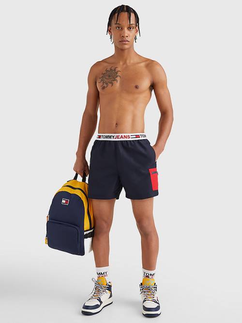 Blue Tommy Hilfiger Logo Waistband Mid Length Shorts Men's Swimwear | TH298ATM