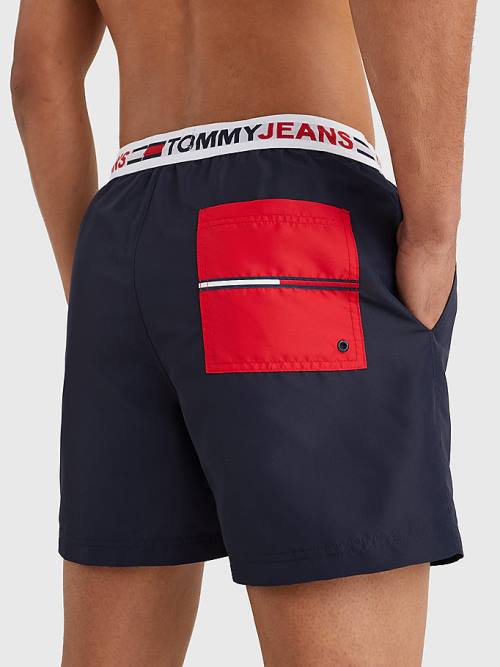 Blue Tommy Hilfiger Logo Waistband Mid Length Shorts Men's Swimwear | TH298ATM