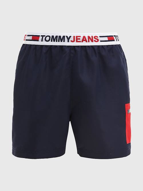 Blue Tommy Hilfiger Logo Waistband Mid Length Shorts Men's Swimwear | TH298ATM