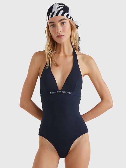 Blue Tommy Hilfiger Logo Waistband Padded One Piecesuit Women\'s Swimwear | TH328JDP