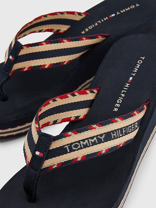 Blue Tommy Hilfiger Logo Webbing High Wedge Flip-Flops Women's Sandals | TH306KUB