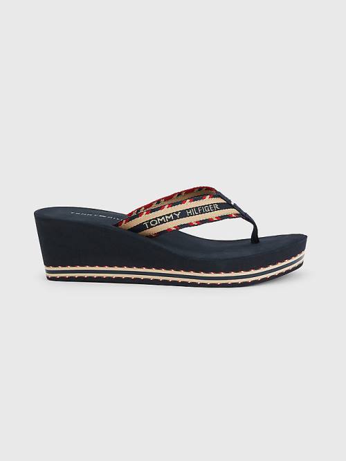 Blue Tommy Hilfiger Logo Webbing High Wedge Flip-Flops Women's Sandals | TH306KUB