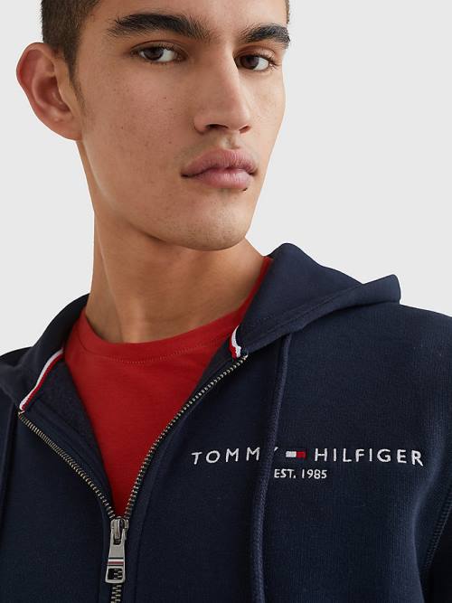 Blue Tommy Hilfiger Logo Zip-Thru Men's Hoodie | TH095GJO