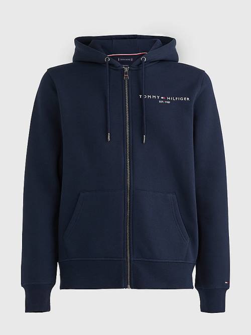 Blue Tommy Hilfiger Logo Zip-Thru Men's Hoodie | TH095GJO