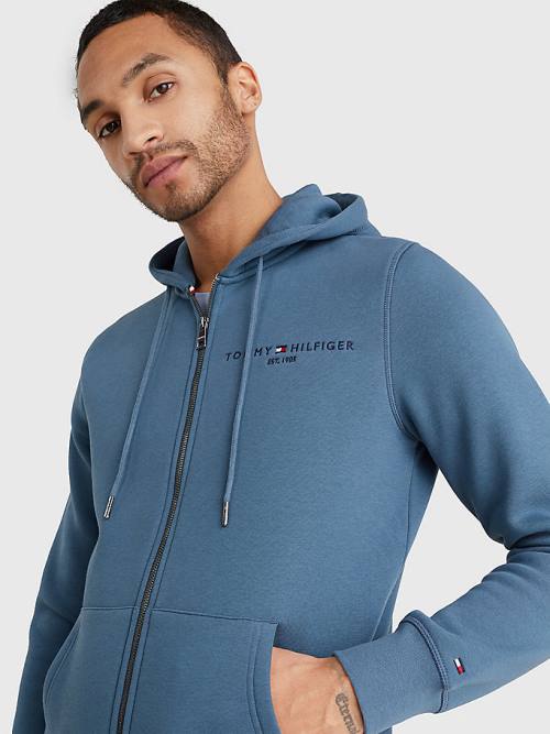 Blue Tommy Hilfiger Logo Zip-Thru Men's Hoodie | TH593IXM