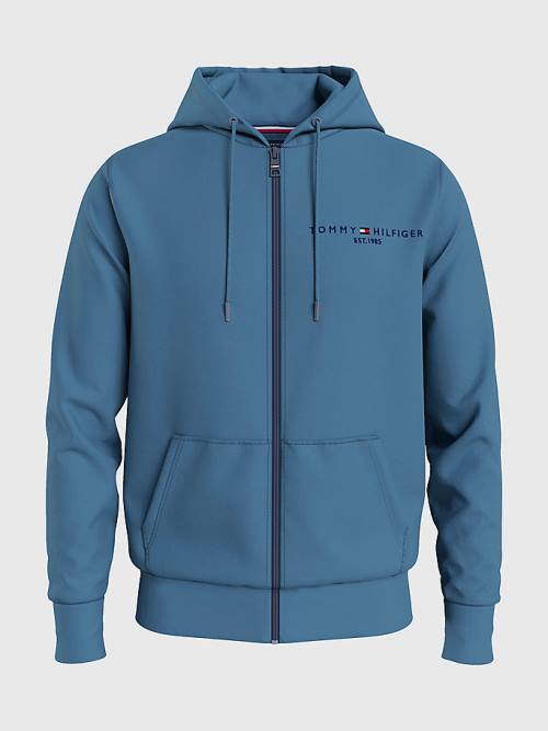 Blue Tommy Hilfiger Logo Zip-Thru Men's Hoodie | TH593IXM