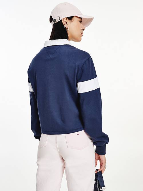 Blue Tommy Hilfiger Long Sleeve Cropped Stripe Rugby Shirt Women's Polo Shirts | TH980ALC