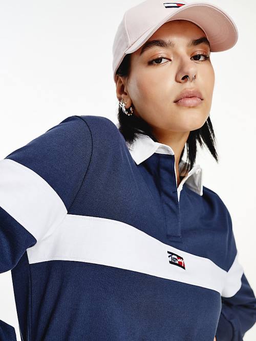 Blue Tommy Hilfiger Long Sleeve Cropped Stripe Rugby Shirt Women's Polo Shirts | TH980ALC