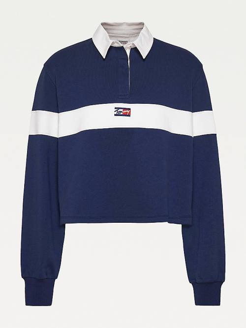 Blue Tommy Hilfiger Long Sleeve Cropped Stripe Rugby Shirt Women's Polo Shirts | TH980ALC