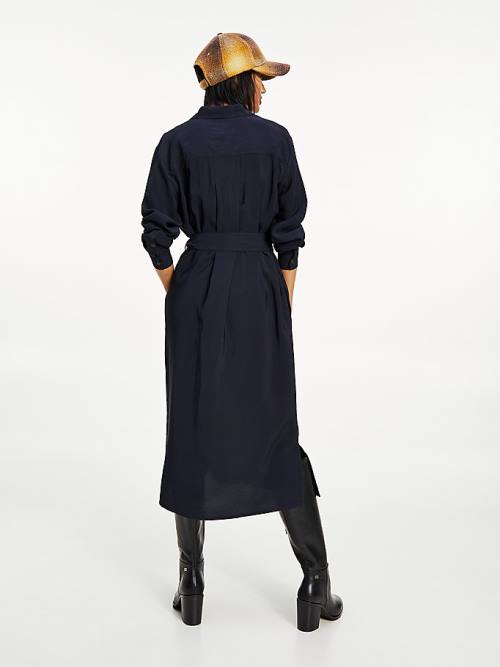 Blue Tommy Hilfiger Long Sleeve Midi Shirt Women's Dress | TH532KBI