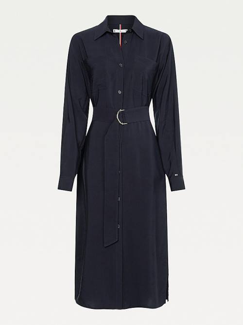 Blue Tommy Hilfiger Long Sleeve Midi Shirt Women's Dress | TH532KBI