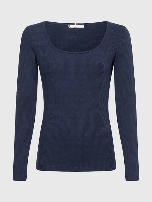 Blue Tommy Hilfiger Long Sleeve Square Neck Slim Fit Women's T Shirts | TH095WMI