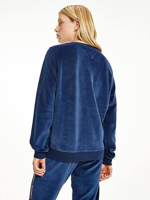 Blue Tommy Hilfiger Lounge Logo Tape Velour Sweatshirt Women's T Shirts | TH910SBF