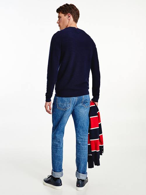 Blue Tommy Hilfiger Luxury Wool Textured Jumper Men's Sweaters | TH301WKJ