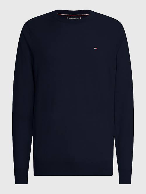 Blue Tommy Hilfiger Merino Wool Crew Neck Jumper Men's Sweaters | TH812NUM