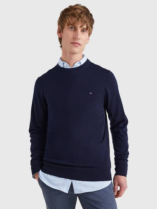 Blue Tommy Hilfiger Merino Wool Crew Neck Jumper Men\'s Sweaters | TH812NUM