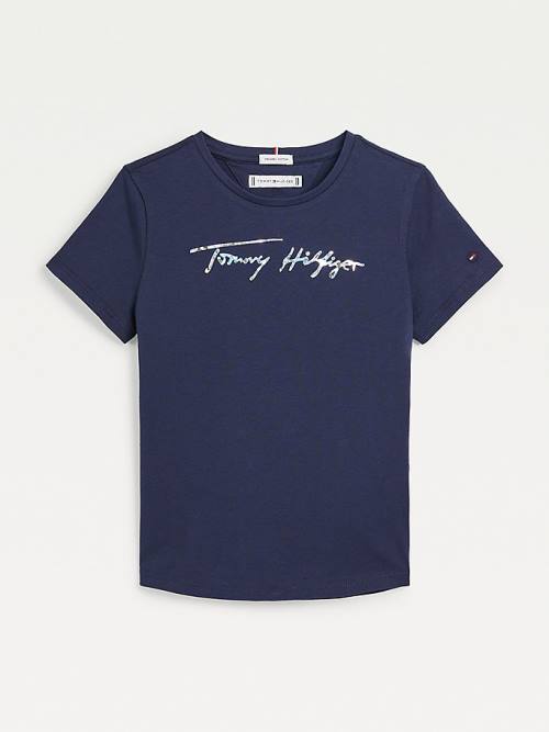 Blue Tommy Hilfiger Metallic Signature Logo Girls\' T Shirts | TH260CBS