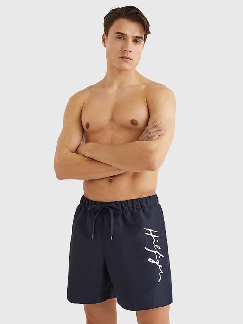 Blue Tommy Hilfiger Mid Length Signature Logo Shorts Men's Swimwear | TH204HIW