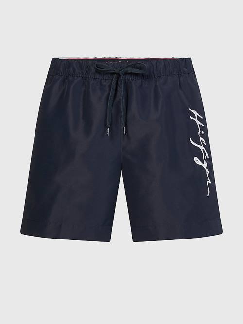 Blue Tommy Hilfiger Mid Length Signature Logo Shorts Men's Swimwear | TH204HIW