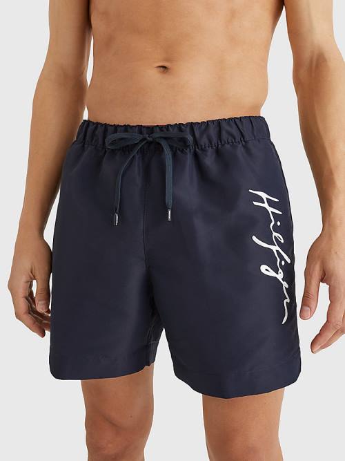 Blue Tommy Hilfiger Mid Length Signature Logo Shorts Men\'s Swimwear | TH204HIW