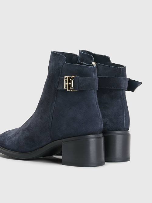 Blue Tommy Hilfiger Monogram Buckle Mid Heel Ankle Women's Boots | TH810KNU